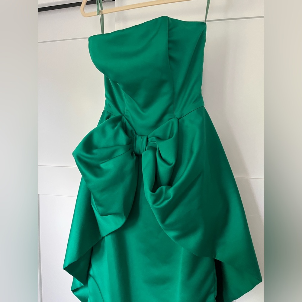 Victor Costa vintage satin strapless emerald couture evening gown with bow